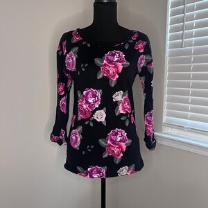 H&M Black and Pink Floral Long Sleeve Top